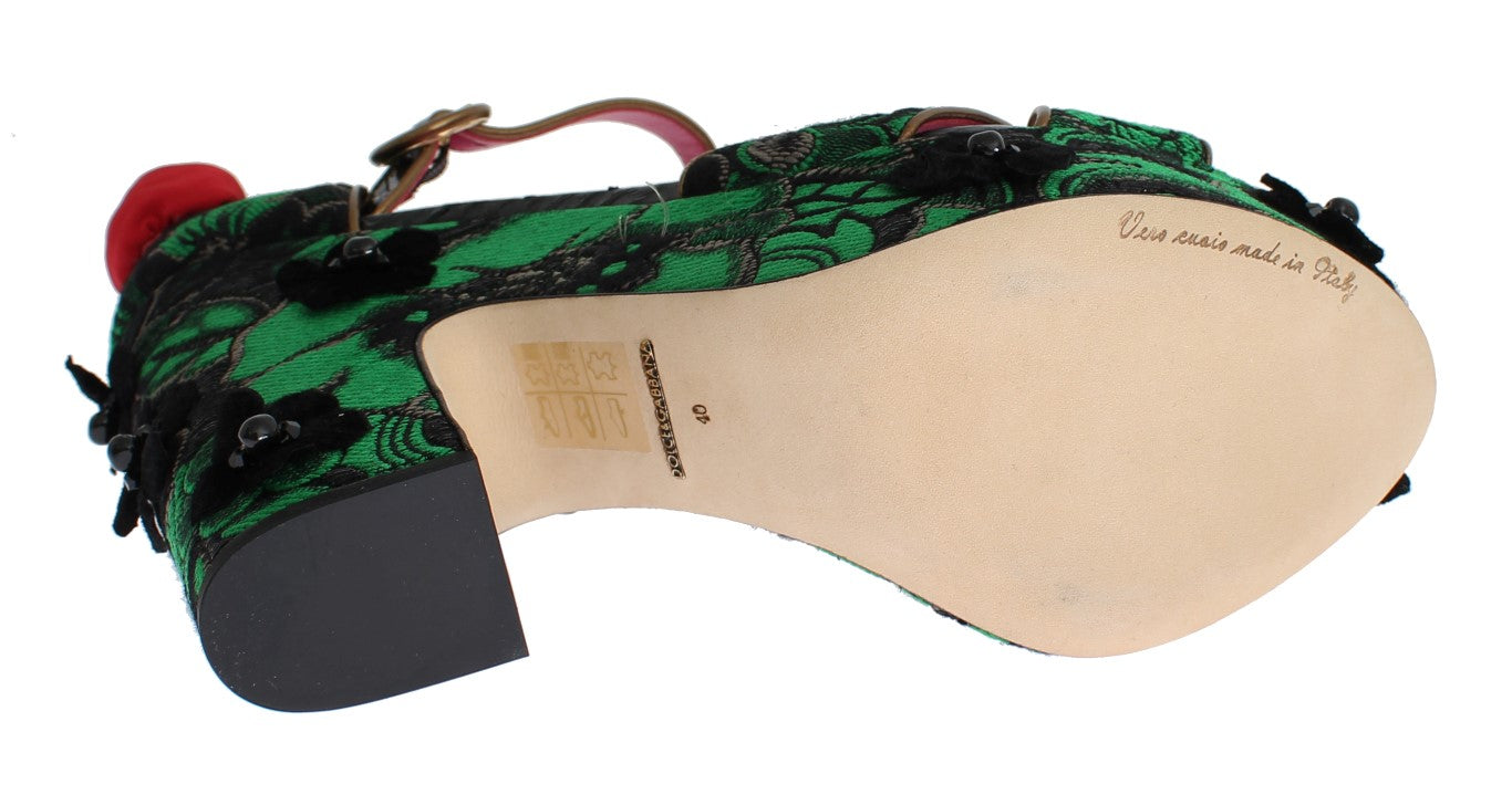 Dolce & Gabbana Green Brocade Snakeskin Roses Crystal Shoes - Whispers Of Wisdom Clothing