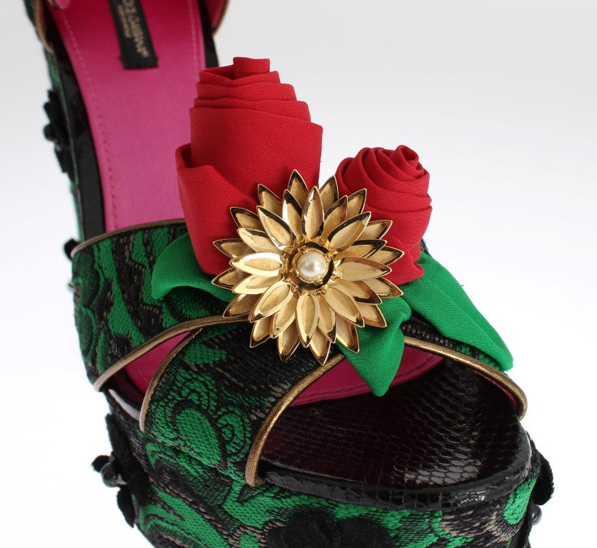 Dolce & Gabbana Green Brocade Snakeskin Roses Crystal Shoes - Whispers Of Wisdom Clothing