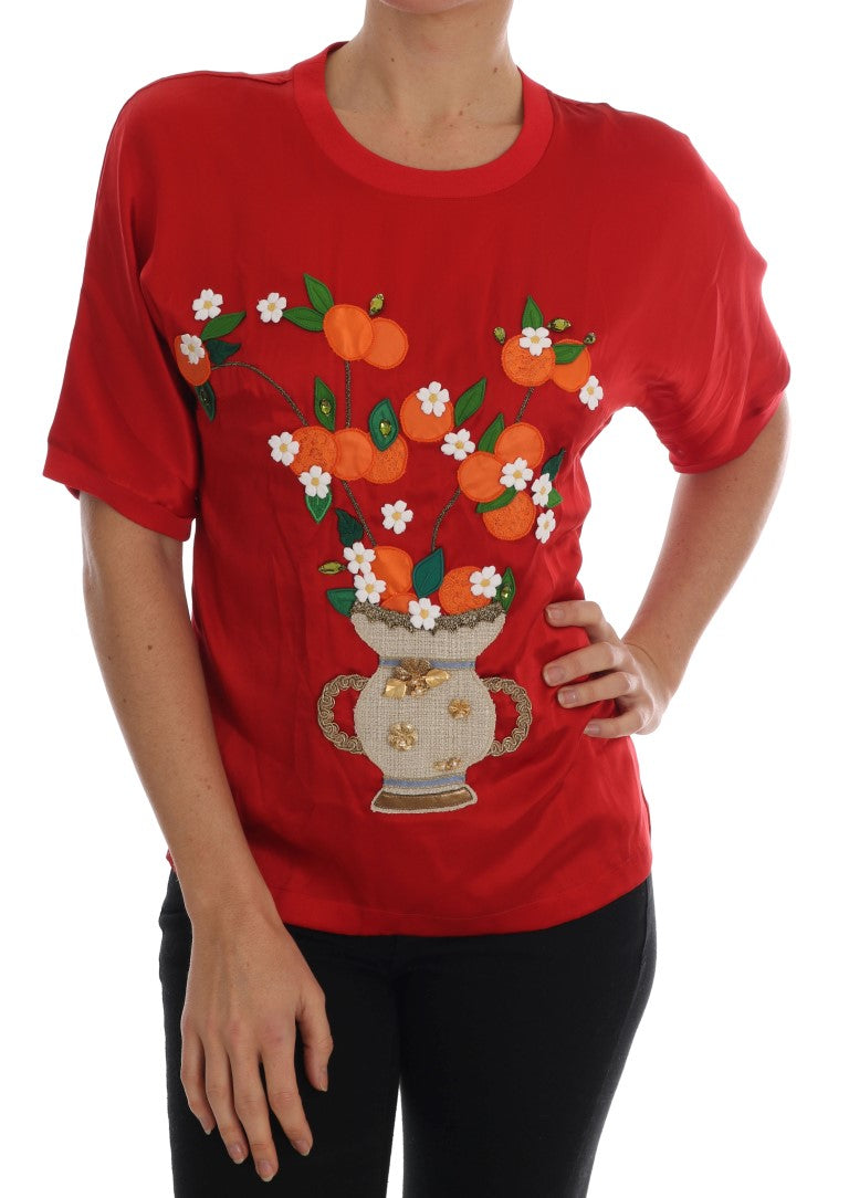 Dolce & Gabbana Red Silk Orange Vase Crystal Top - Whispers Of Wisdom Clothing