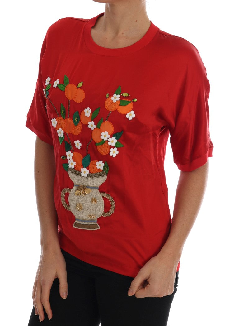 Dolce & Gabbana Red Silk Orange Vase Crystal Top - Whispers Of Wisdom Clothing