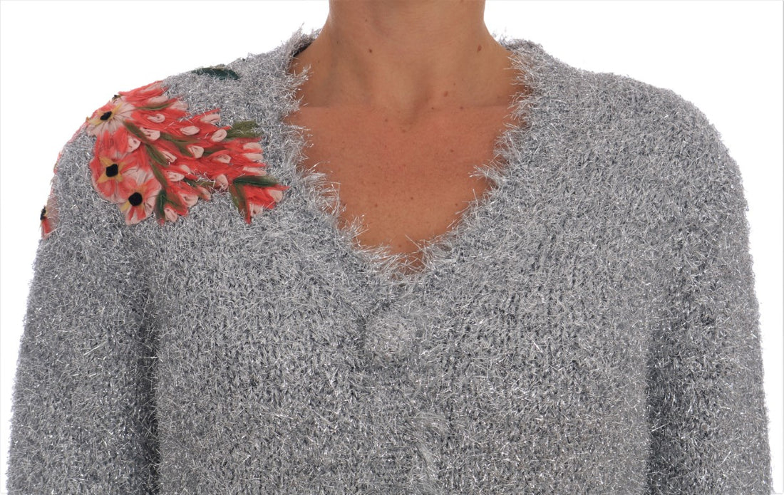 Dolce & Gabbana Silver Cardigan Floral Applique Sweater - Whispers Of Wisdom Clothing