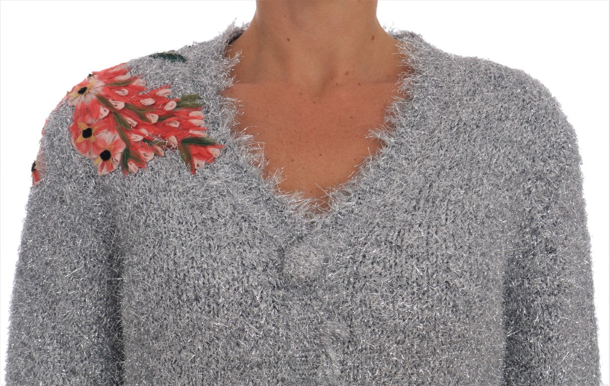 Dolce & Gabbana Silver Cardigan Floral Applique Sweater - Whispers Of Wisdom Clothing