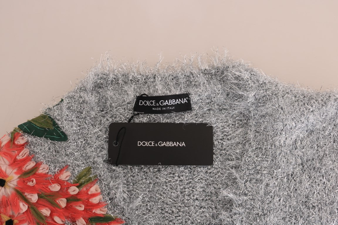 Dolce & Gabbana Silver Cardigan Floral Applique Sweater - Whispers Of Wisdom Clothing