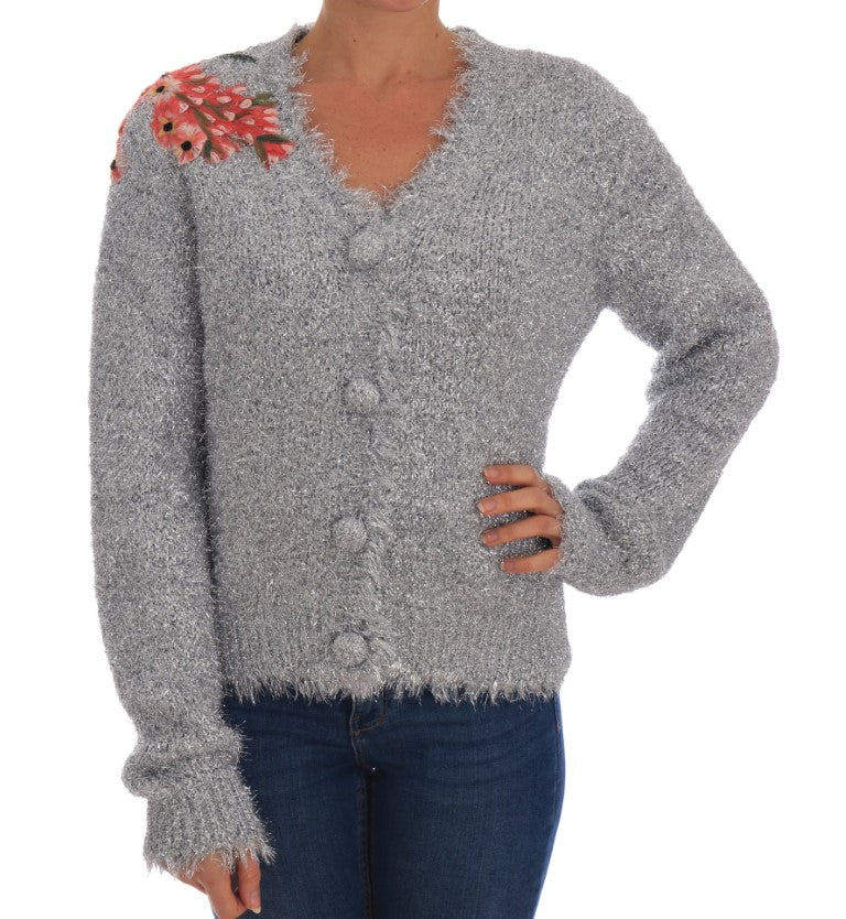 Dolce & Gabbana Silver Cardigan Floral Applique Sweater - Whispers Of Wisdom Clothing
