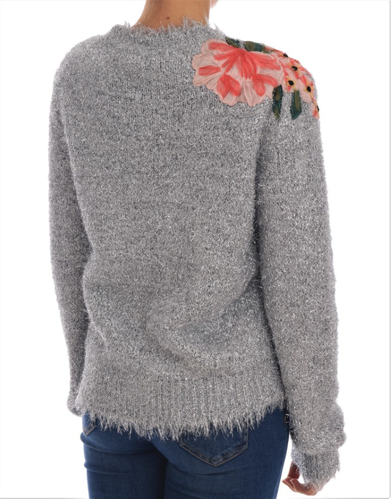 Dolce & Gabbana Silver Cardigan Floral Applique Sweater - Whispers Of Wisdom Clothing