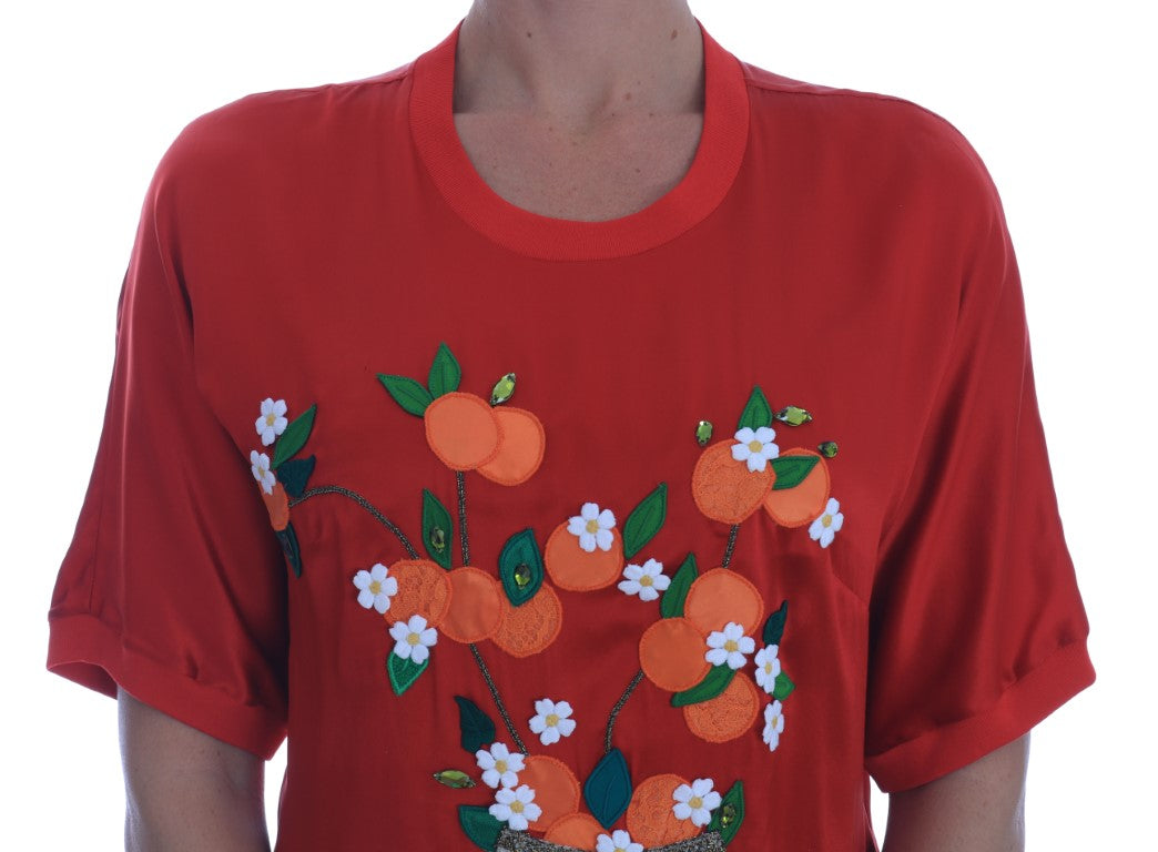 Dolce & Gabbana Red Silk Oranges Floral Crystal Blouse - Whispers Of Wisdom Clothing