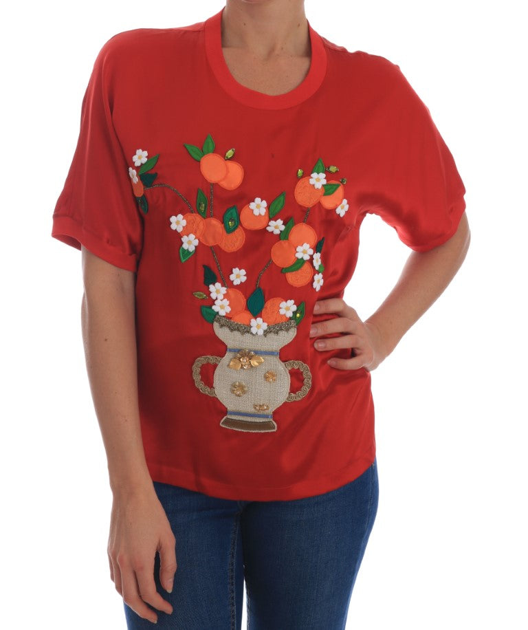 Dolce & Gabbana Red Silk Oranges Floral Crystal Blouse - Whispers Of Wisdom Clothing