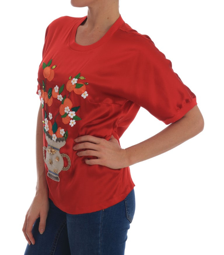 Dolce & Gabbana Red Silk Oranges Floral Crystal Blouse - Whispers Of Wisdom Clothing