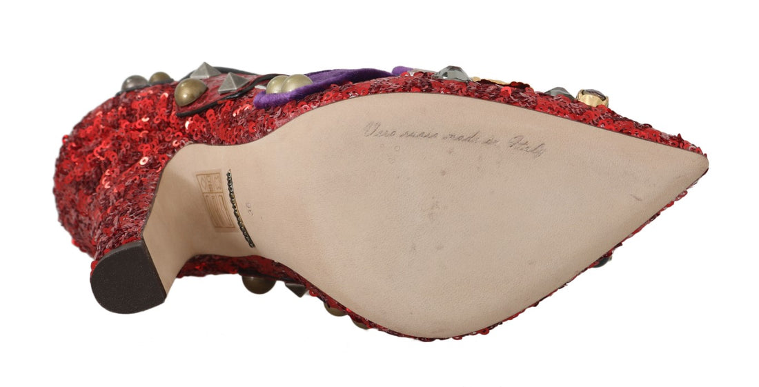 Dolce & Gabbana Red Sequined Crystal Studs Heels Shoes - Whispers Of Wisdom Clothing