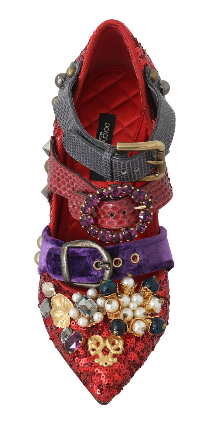 Dolce & Gabbana Red Sequined Crystal Studs Heels Shoes - Whispers Of Wisdom Clothing