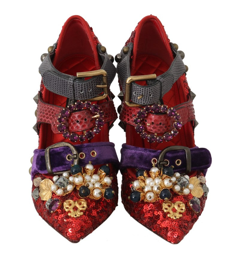 Dolce & Gabbana Red Sequined Crystal Studs Heels Shoes - Whispers Of Wisdom Clothing