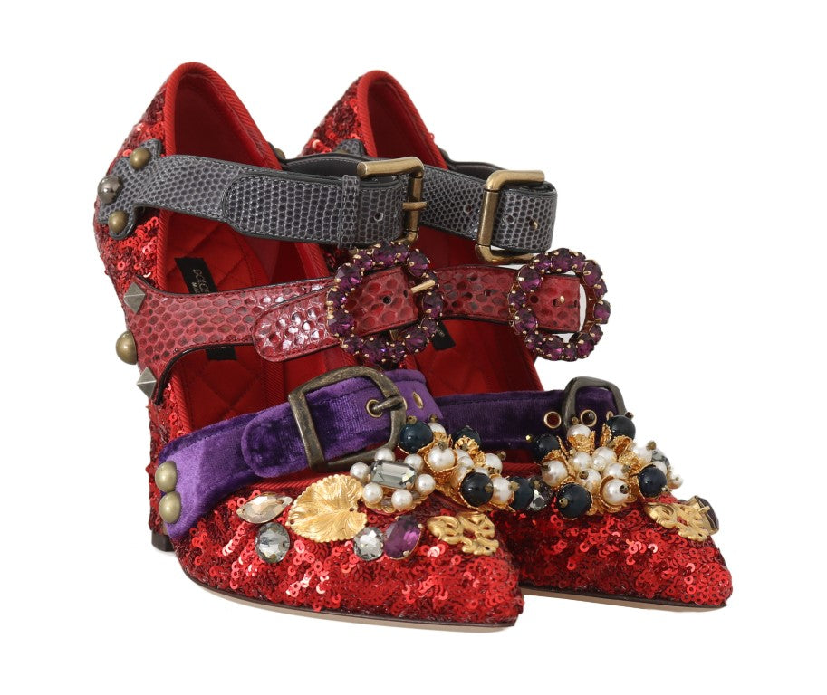 Dolce & Gabbana Red Sequined Crystal Studs Heels Shoes - Whispers Of Wisdom Clothing