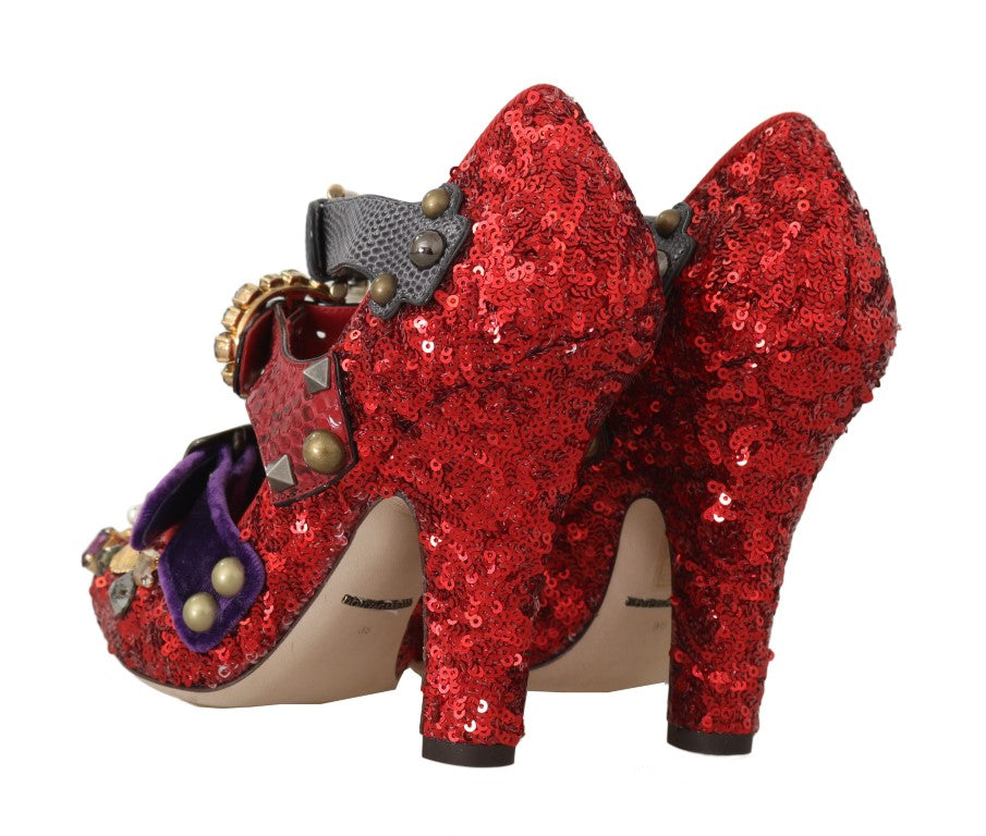 Dolce & Gabbana Red Sequined Crystal Studs Heels Shoes - Whispers Of Wisdom Clothing