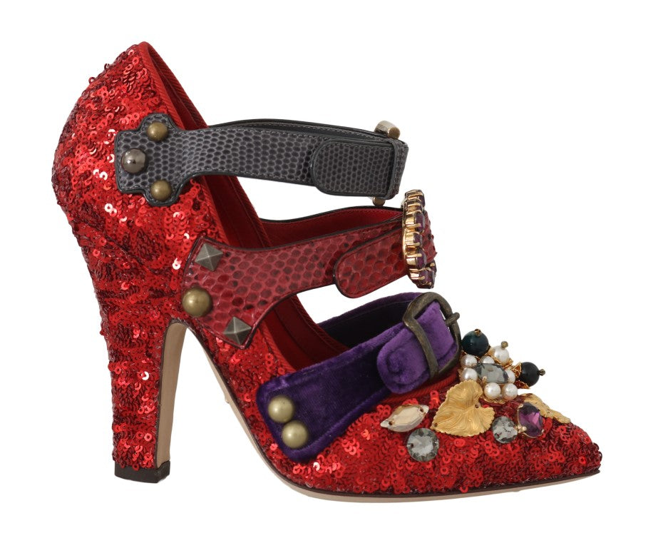 Dolce & Gabbana Red Sequined Crystal Studs Heels Shoes - Whispers Of Wisdom Clothing