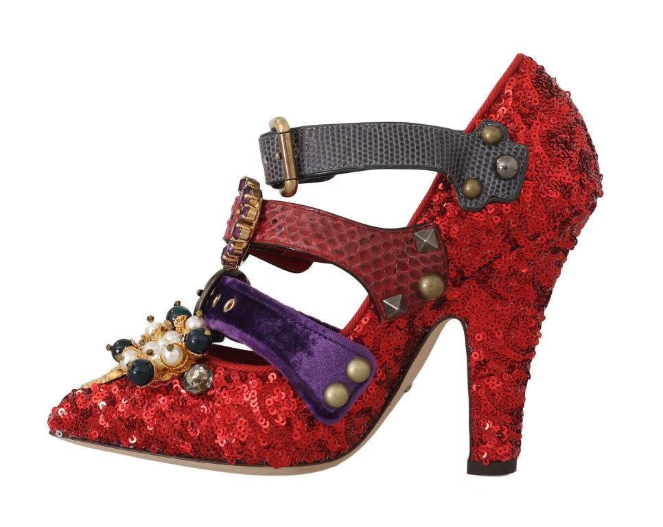 Dolce & Gabbana Red Sequined Crystal Studs Heels Shoes - Whispers Of Wisdom Clothing