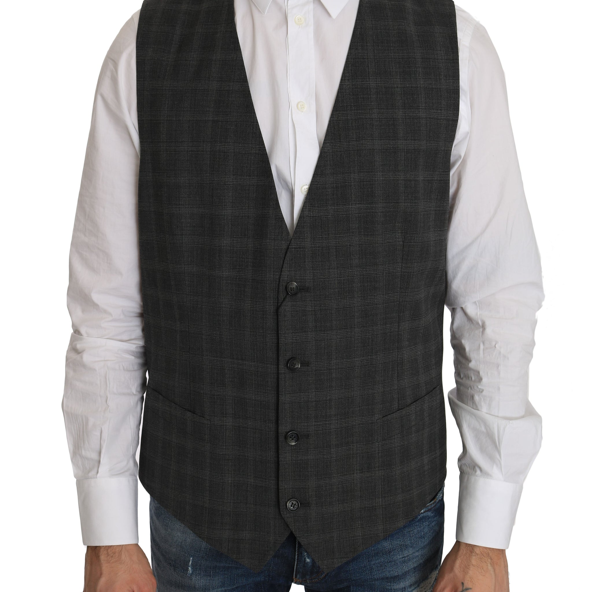 Dolce & Gabbana Gray Wool STAFF Checkered Stretch Vest