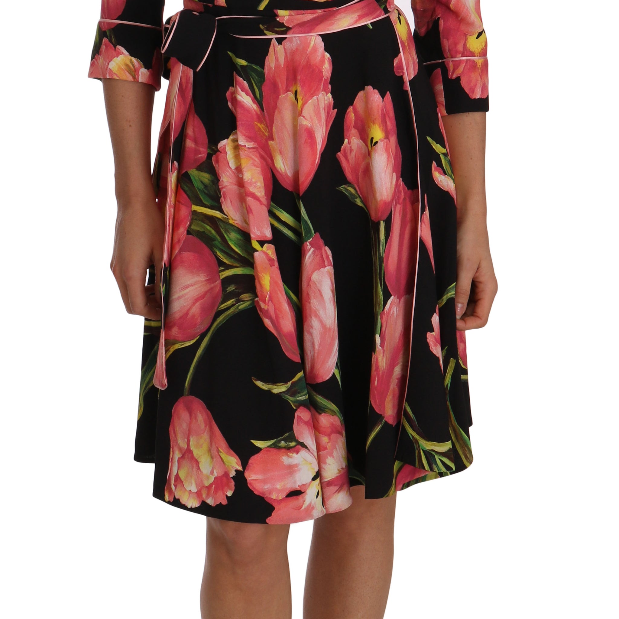 Dolce & Gabbana Black Pink Tulip Print Stretch Shift Dress