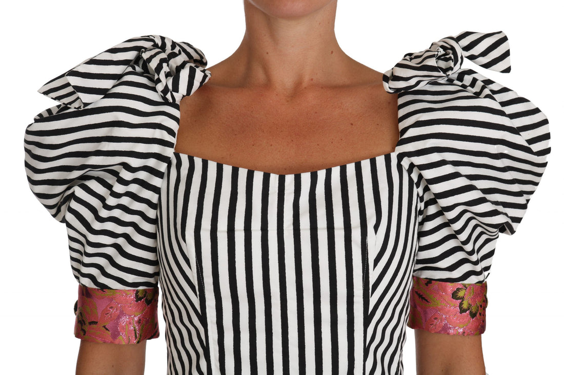 Dolce & Gabbana White Black Striped Cropped Top Puff Sleeve Shirts - Whispers Of Wisdom Clothing
