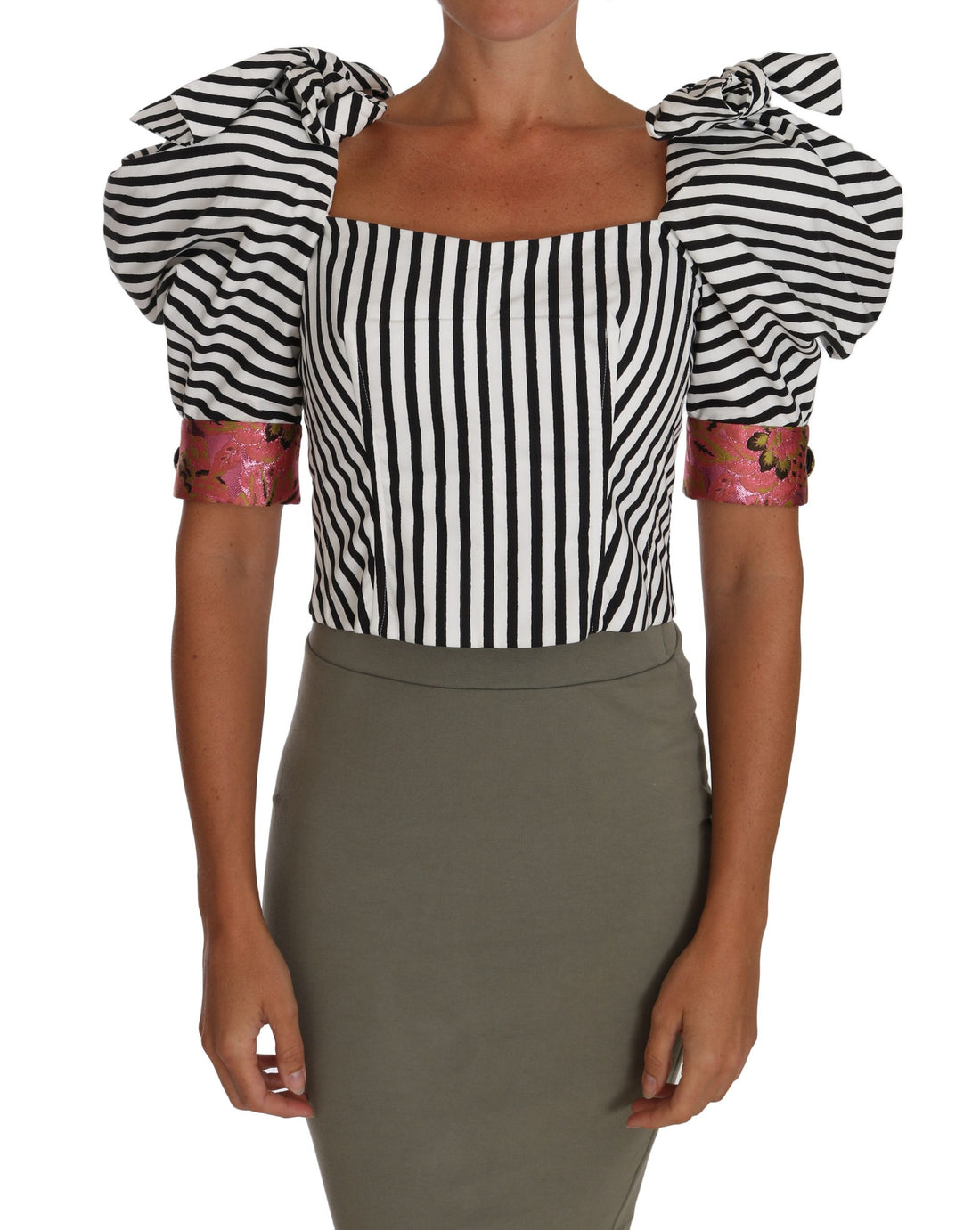 Dolce & Gabbana White Black Striped Cropped Top Puff Sleeve Shirts - Whispers Of Wisdom Clothing