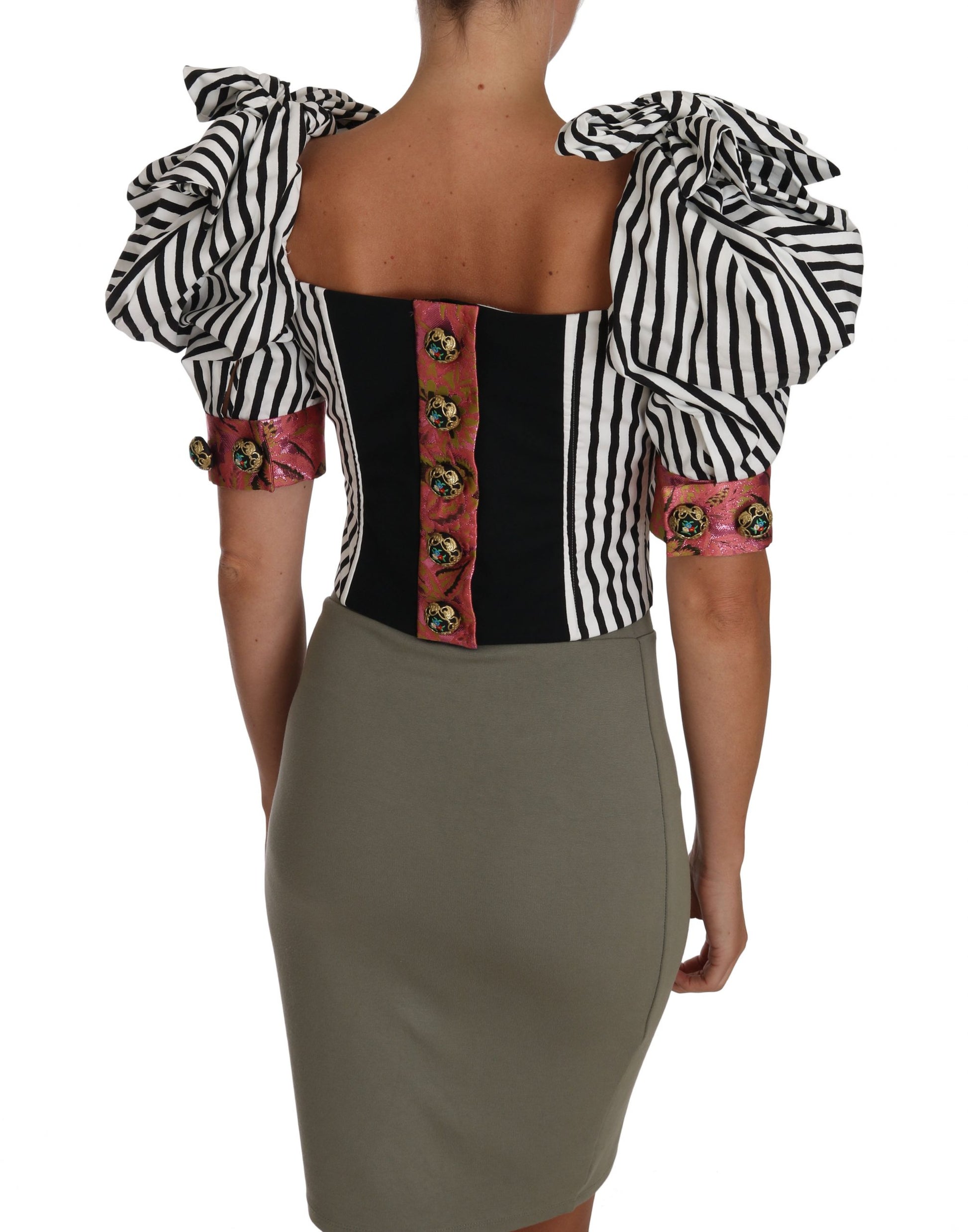 Dolce & Gabbana White Black Striped Cropped Top Puff Sleeve Shirts - Whispers Of Wisdom Clothing