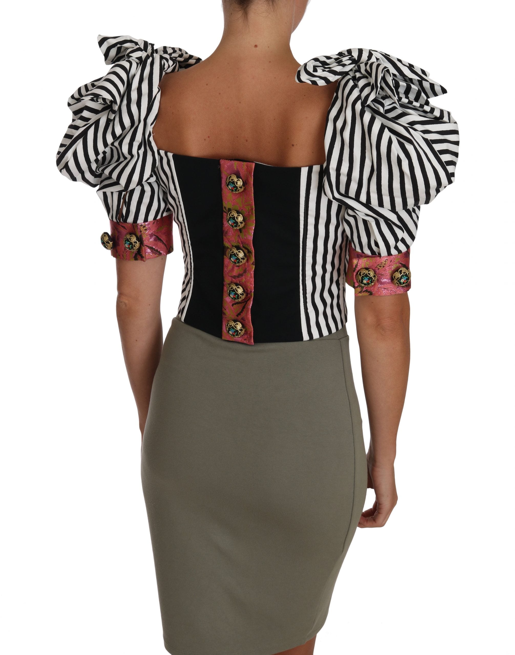Dolce & Gabbana White Black Striped Cropped Top Puff Sleeve Shirts - Whispers Of Wisdom Clothing
