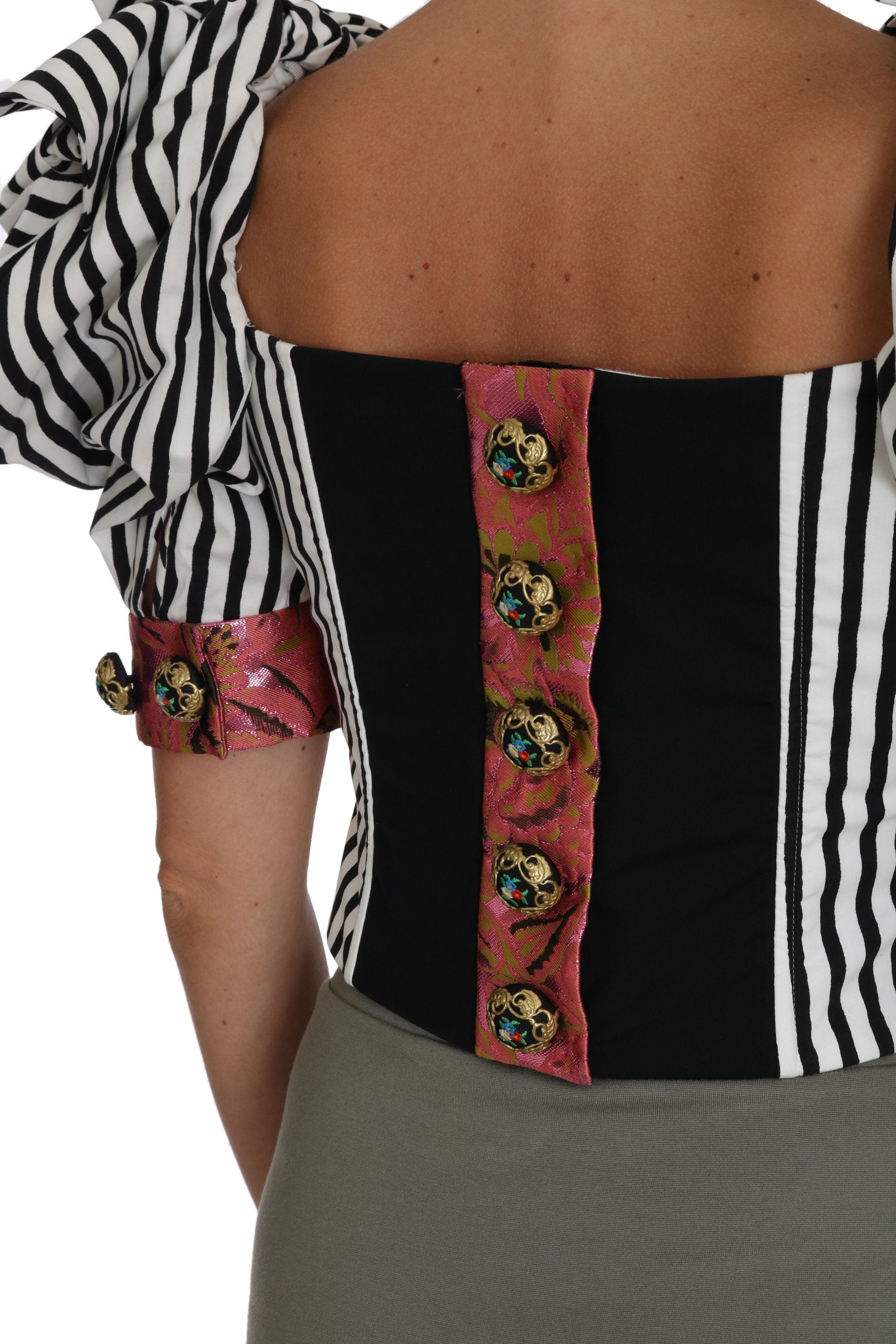Dolce & Gabbana White Black Striped Cropped Top Puff Sleeve Shirts - Whispers Of Wisdom Clothing