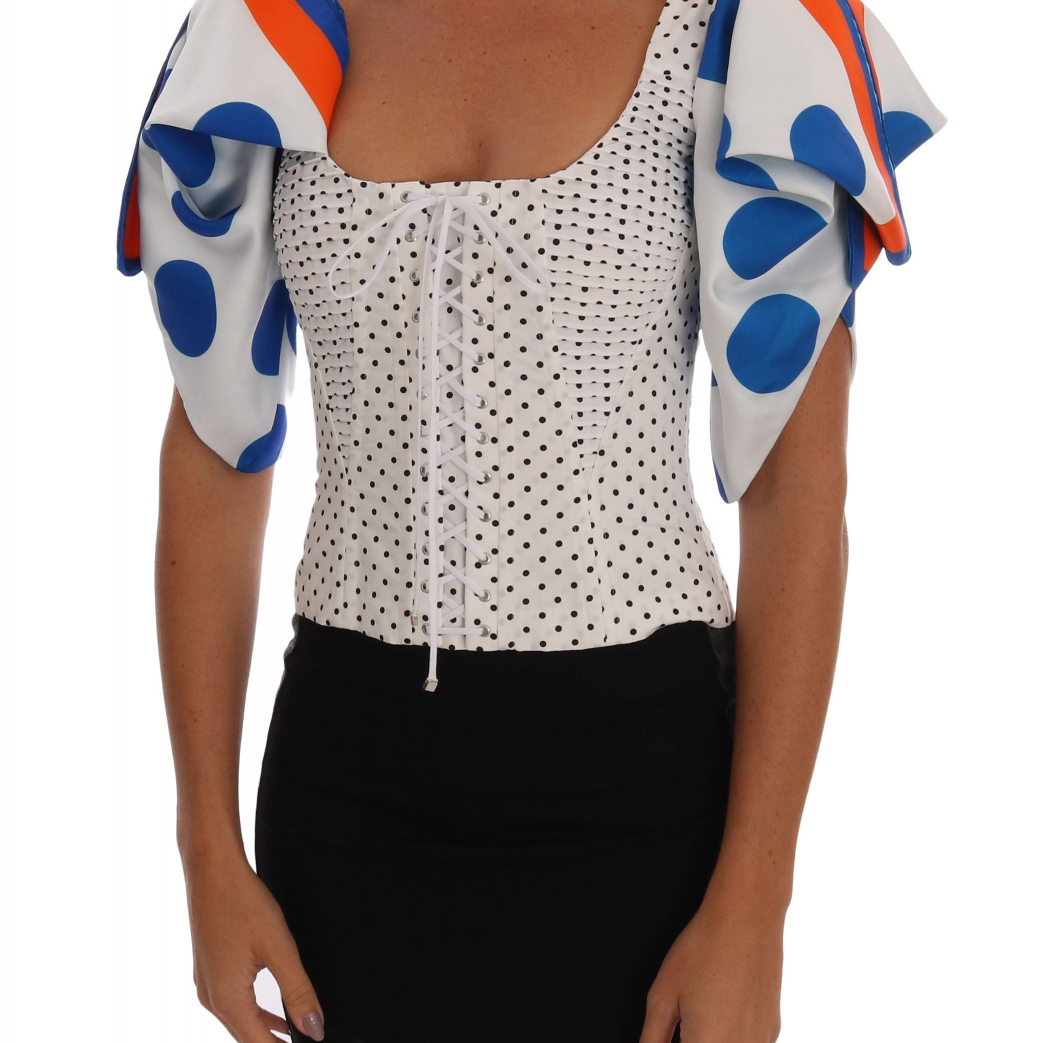 Dolce & Gabbana White Polka Silk Corset Bustier Top - Whispers Of Wisdom Clothing