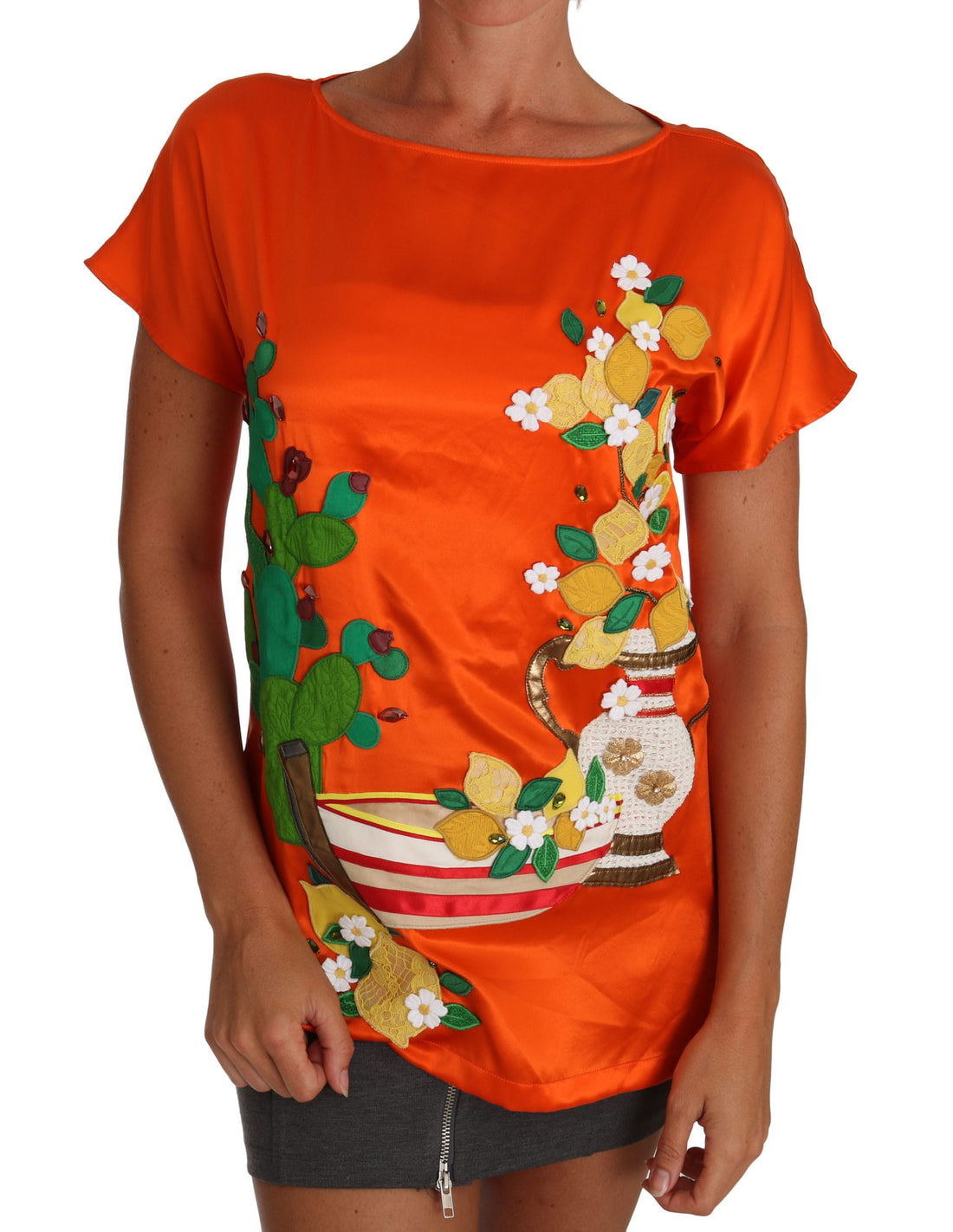 Dolce & Gabbana Silk Orange Lemon Crystal T-shirt Top - Whispers Of Wisdom Clothing