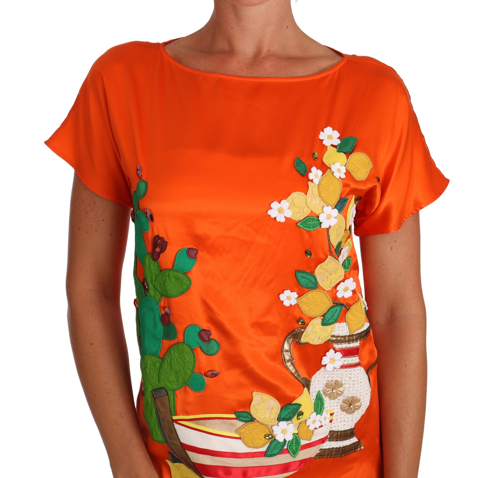 Dolce & Gabbana Silk Orange Lemon Crystal T-shirt Top - Whispers Of Wisdom Clothing