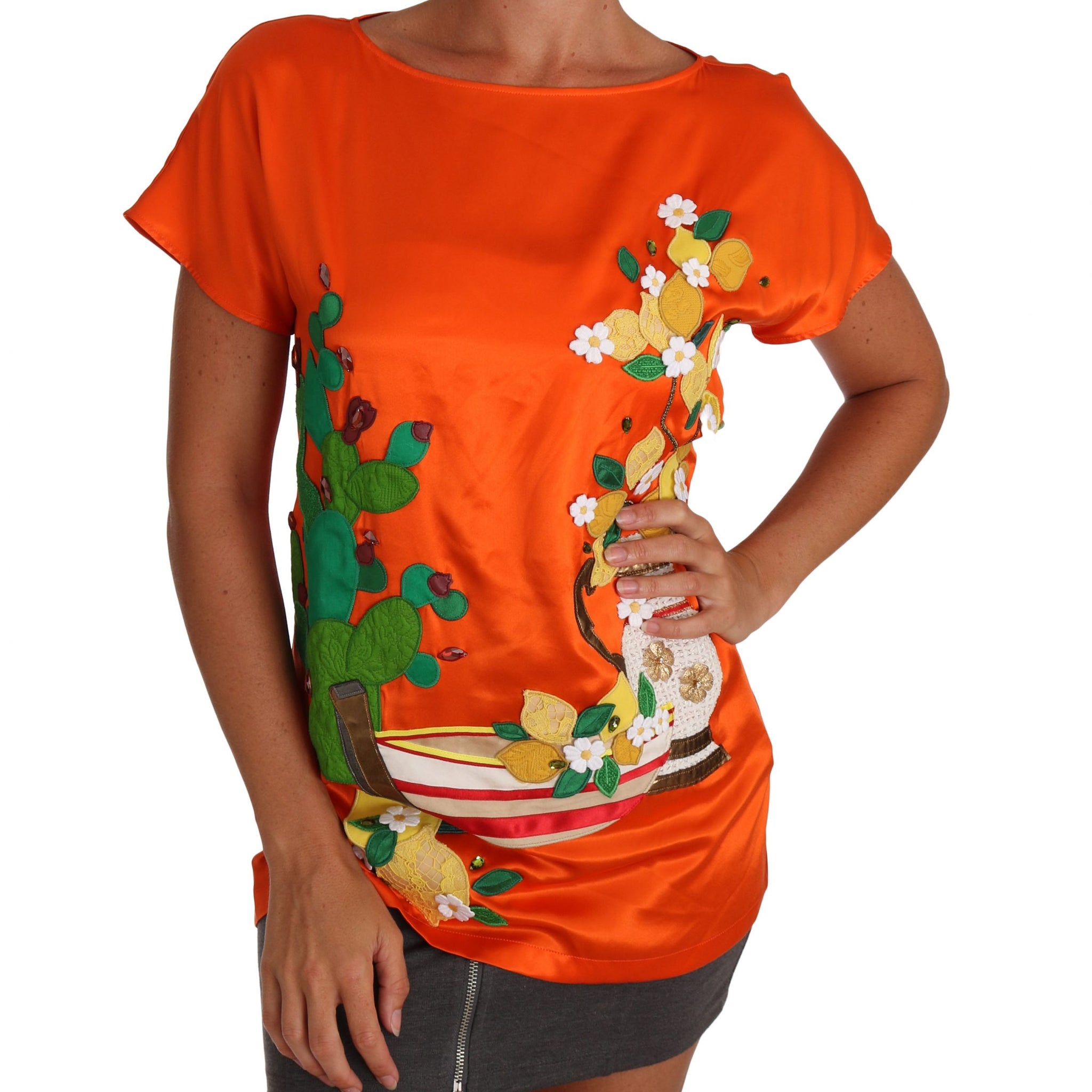 Dolce & Gabbana Silk Orange Lemon Crystal T-shirt Top - Whispers Of Wisdom Clothing