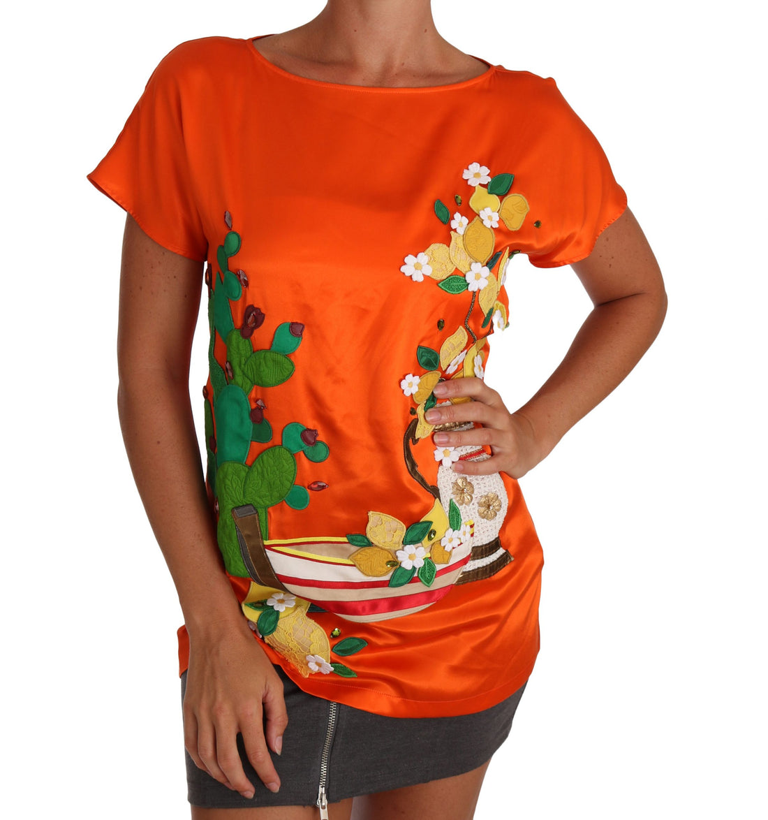 Dolce & Gabbana Silk Orange Lemon Crystal T-shirt Top - Whispers Of Wisdom Clothing