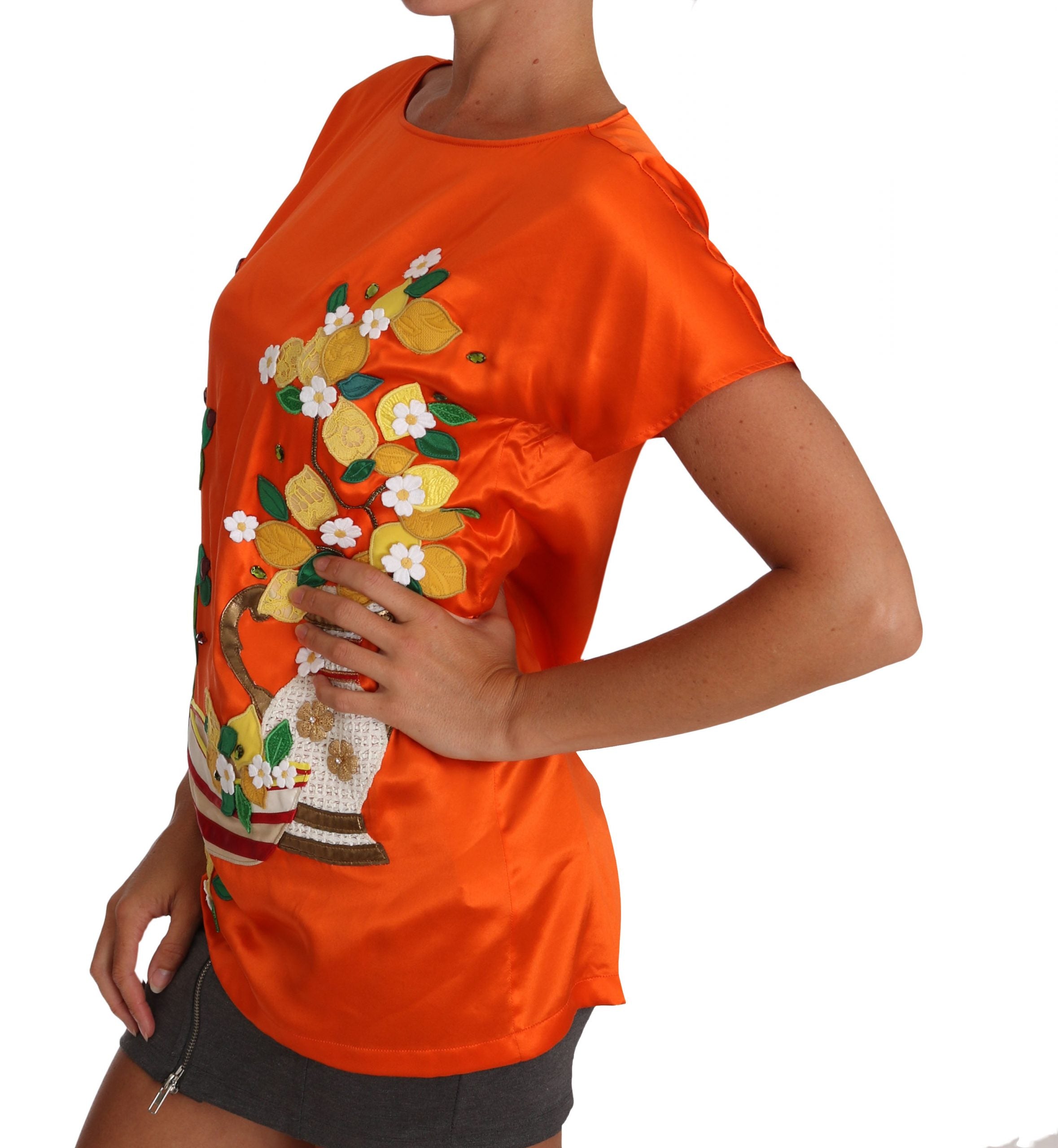 Dolce & Gabbana Silk Orange Lemon Crystal T-shirt Top - Whispers Of Wisdom Clothing