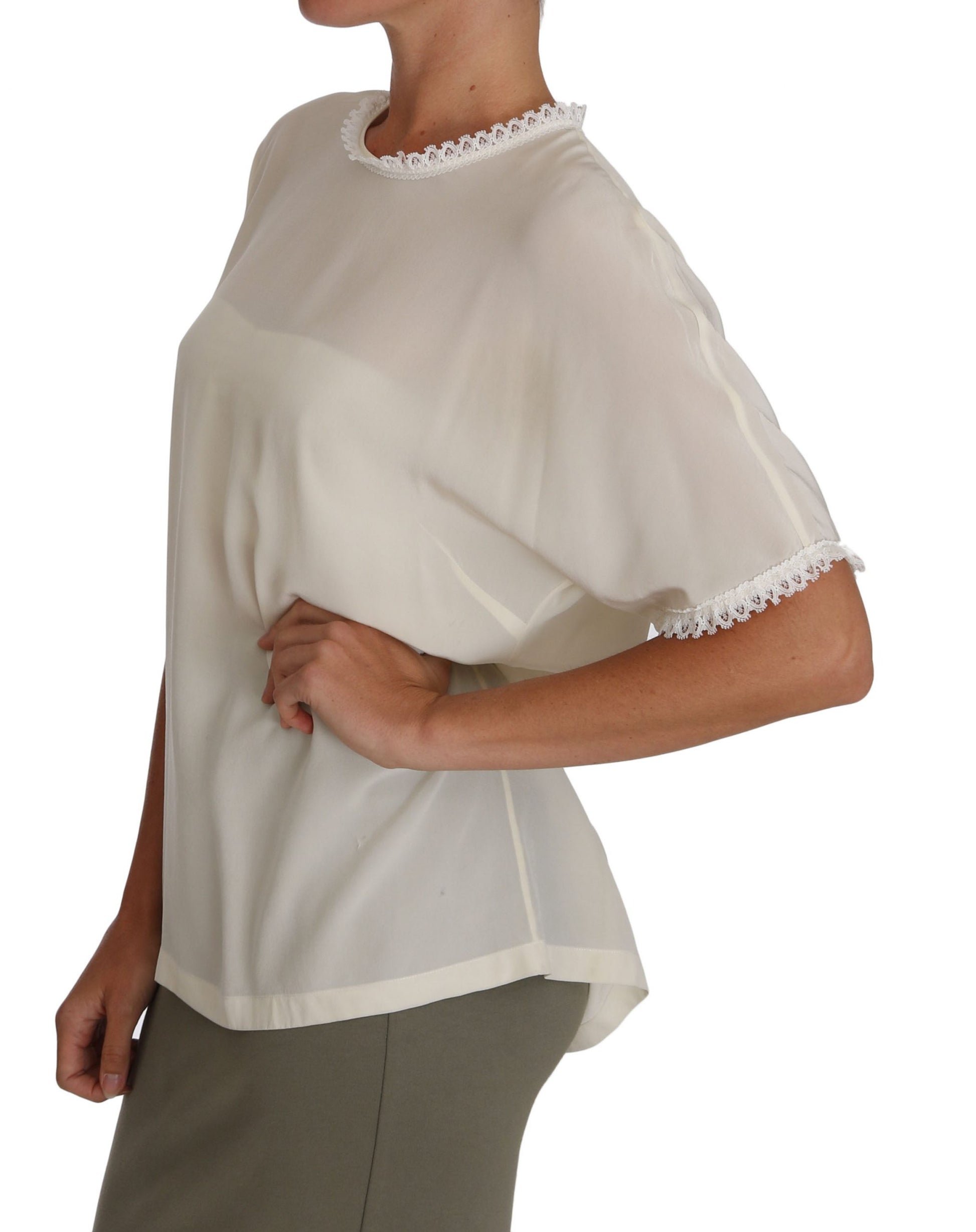 Dolce & Gabbana White Cream Silk Lace Top Blouse T-Shirt - Whispers Of Wisdom Clothing