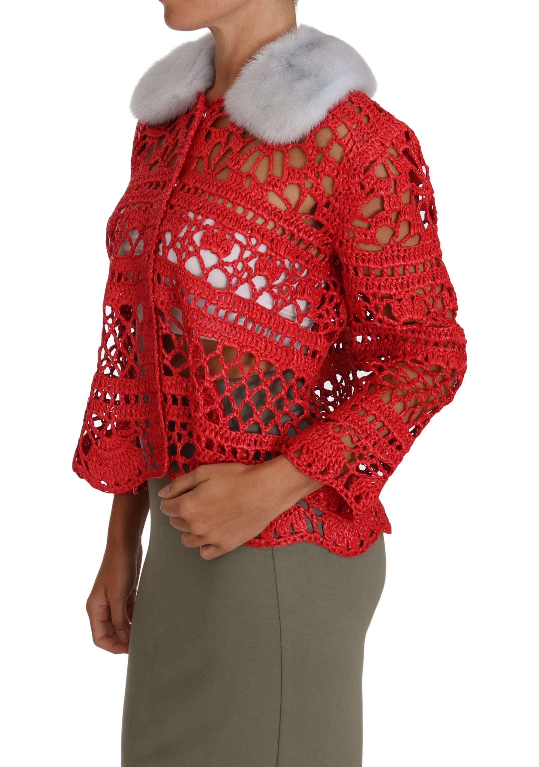 Dolce & Gabbana Red Cardigan Crochet Knit Raffia Sweater - Whispers Of Wisdom Clothing