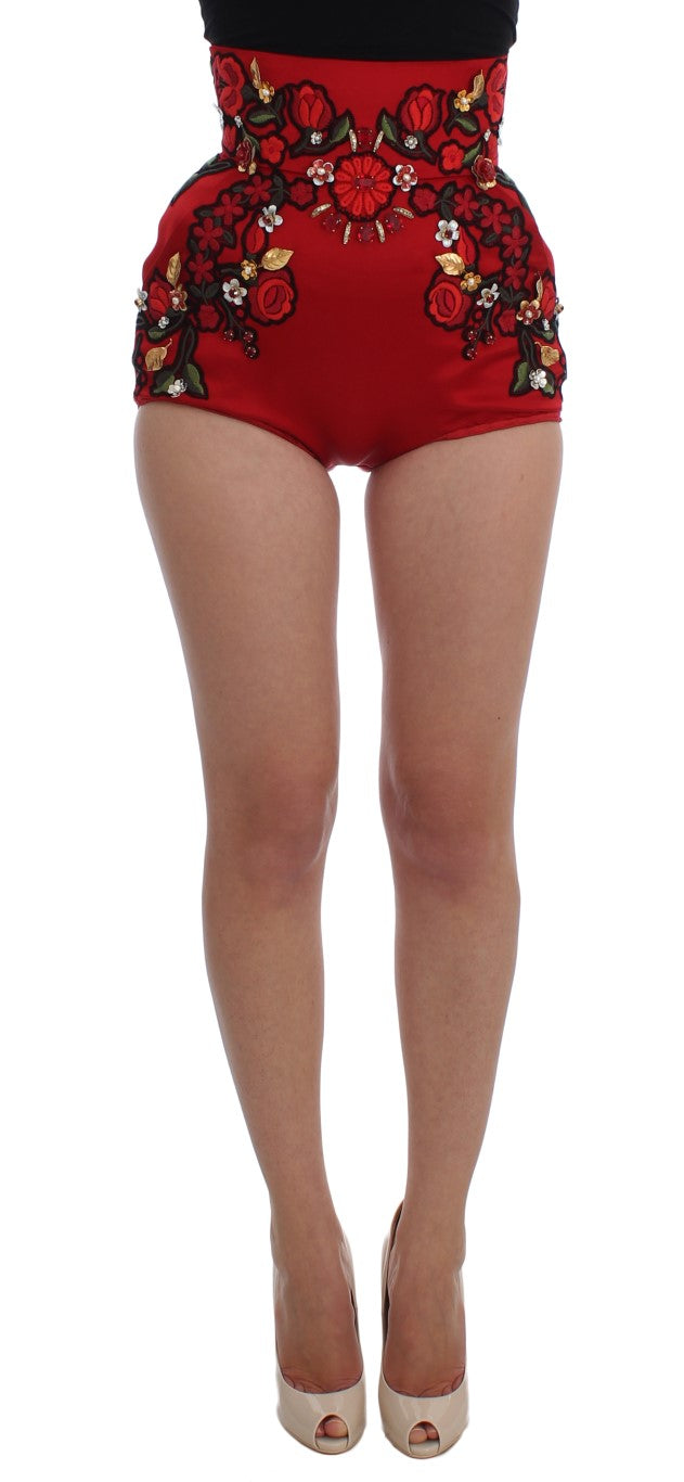 Dolce & Gabbana Red Silk Crystal Roses Shorts - Whispers Of Wisdom Clothing