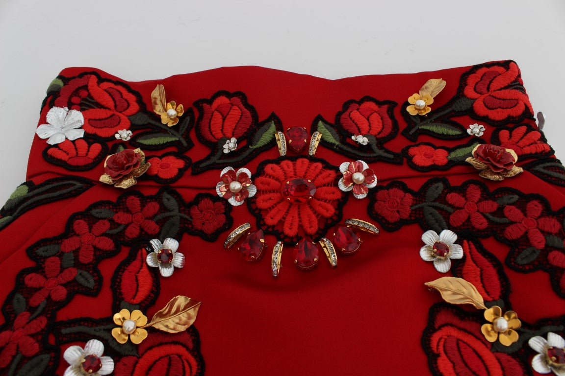 Dolce & Gabbana Red Silk Crystal Roses Shorts - Whispers Of Wisdom Clothing