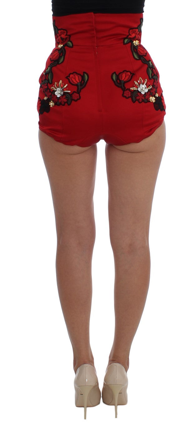 Dolce & Gabbana Red Silk Crystal Roses Shorts - Whispers Of Wisdom Clothing