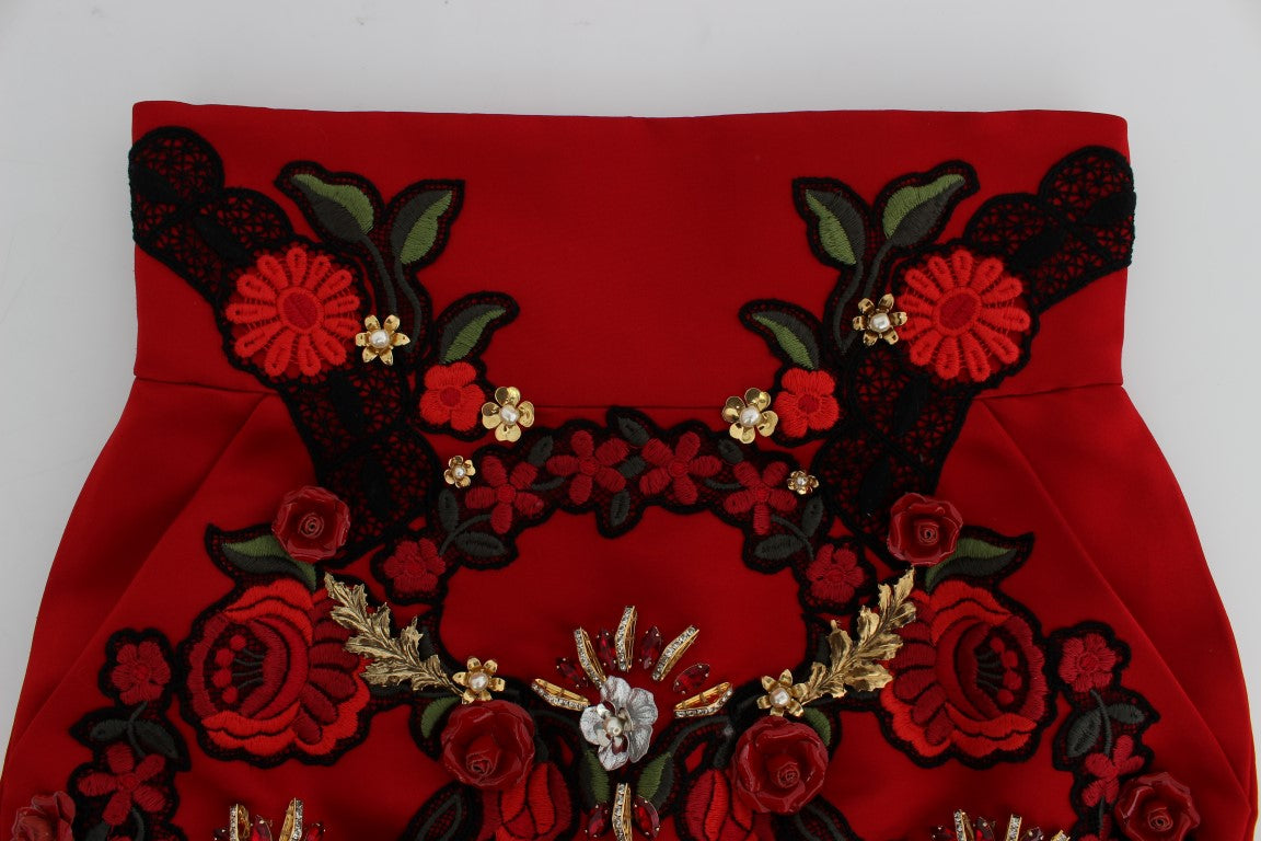 Dolce & Gabbana Red Silk Crystal Roses Shorts - Whispers Of Wisdom Clothing