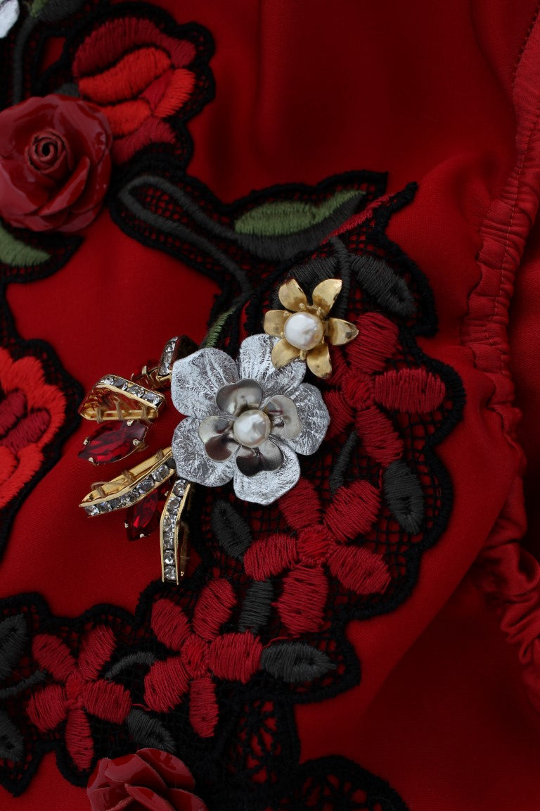 Dolce & Gabbana Red Silk Crystal Roses Shorts - Whispers Of Wisdom Clothing