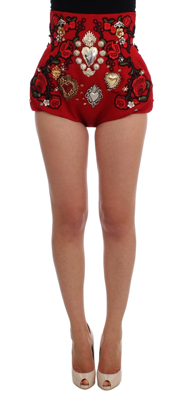 Dolce & Gabbana Red Silk Crystal Roses Shorts - Whispers Of Wisdom Clothing