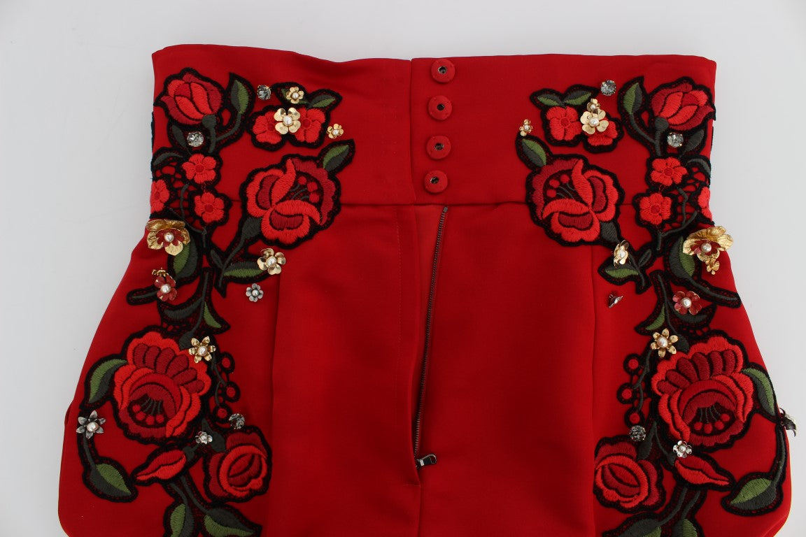 Dolce & Gabbana Red Silk Crystal Roses Shorts - Whispers Of Wisdom Clothing