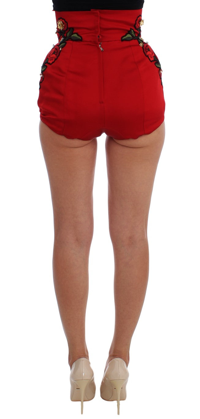 Dolce & Gabbana Red Silk Crystal Roses Shorts - Whispers Of Wisdom Clothing