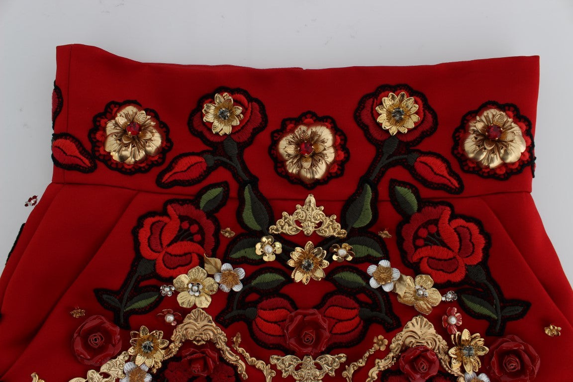 Dolce & Gabbana Red Silk Crystal Roses Shorts - Whispers Of Wisdom Clothing