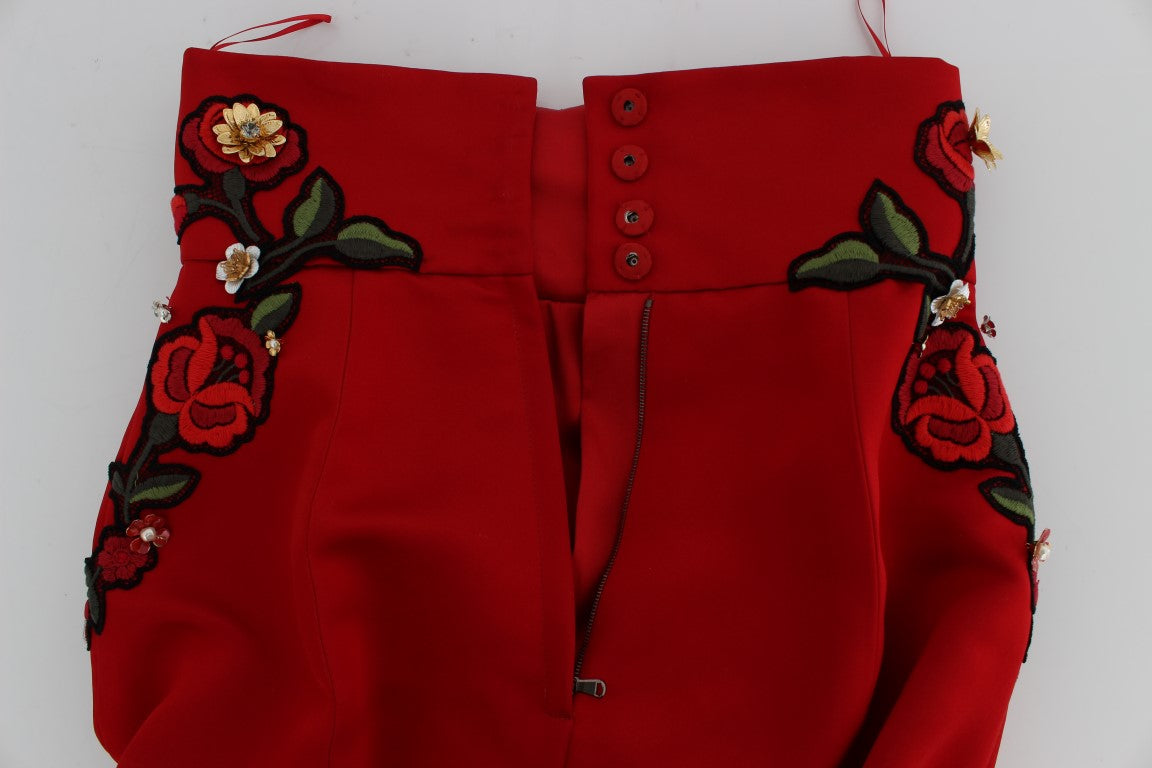 Dolce & Gabbana Red Silk Crystal Roses Shorts - Whispers Of Wisdom Clothing