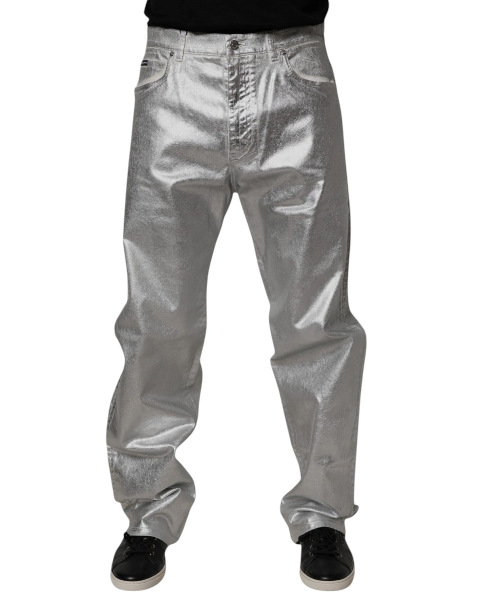 Dolce & Gabbana Metallic Silver Cotton Straight Denim Jeans