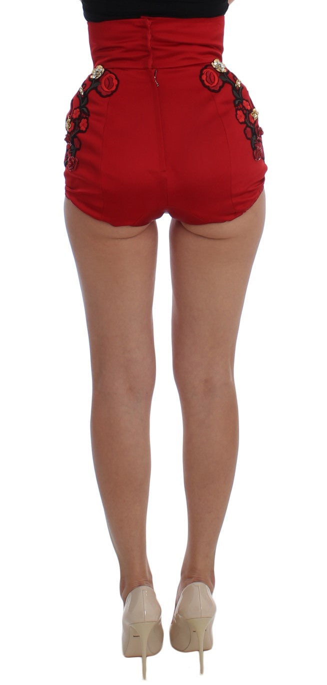 Dolce & Gabbana Red Silk Crystal Roses Shorts - Whispers Of Wisdom Clothing