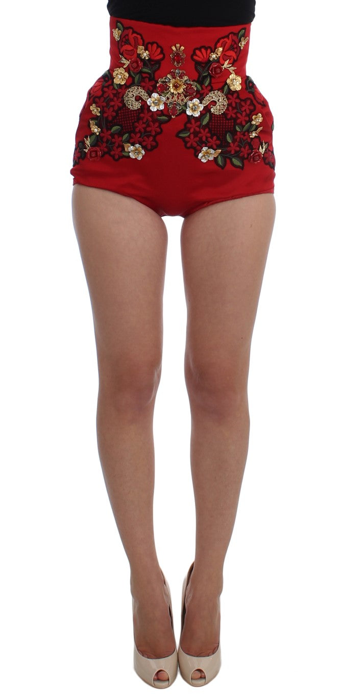 Dolce & Gabbana Red Silk Crystal Roses Shorts - Whispers Of Wisdom Clothing