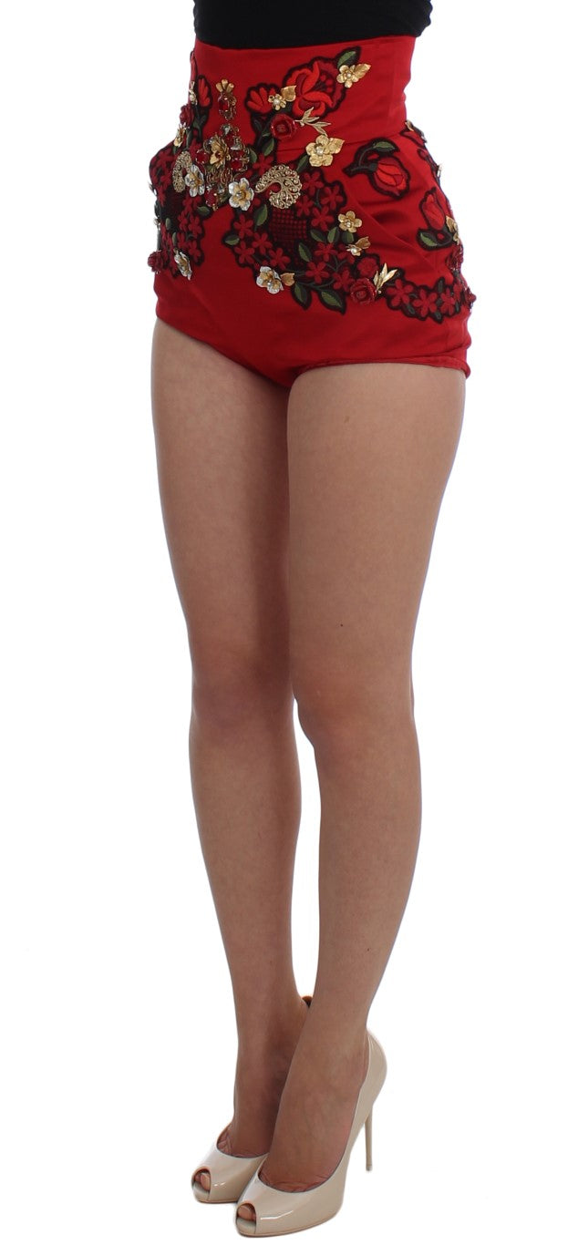 Dolce & Gabbana Red Silk Crystal Roses Shorts - Whispers Of Wisdom Clothing