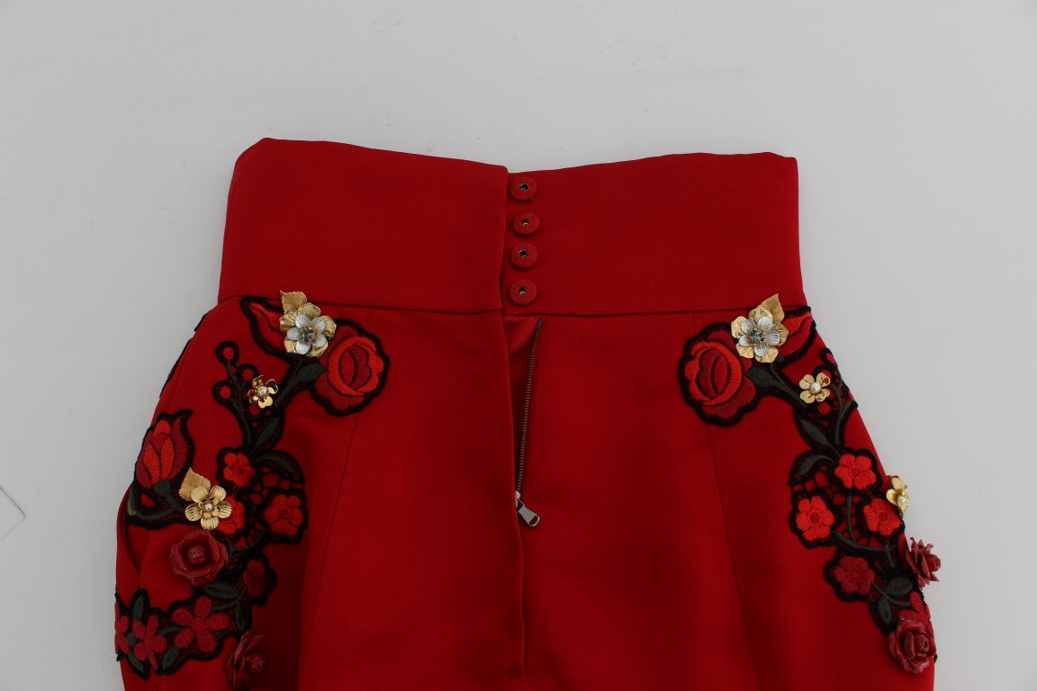 Dolce & Gabbana Red Silk Crystal Roses Shorts - Whispers Of Wisdom Clothing