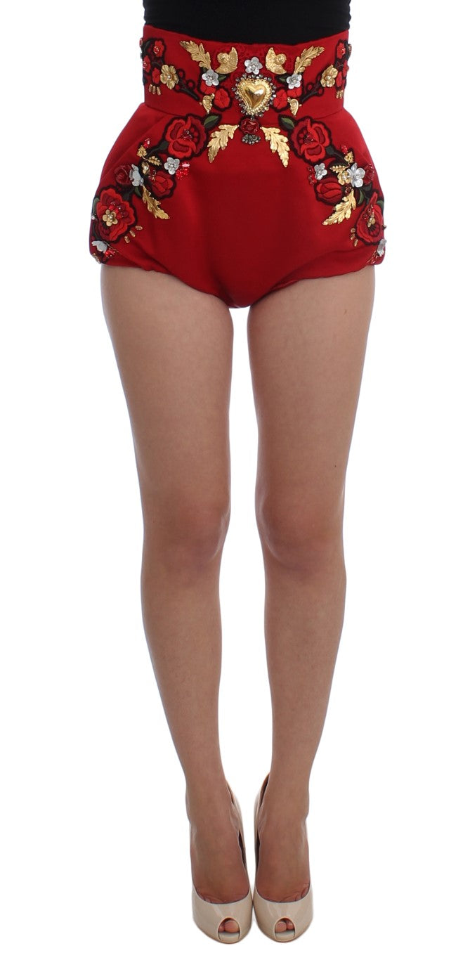 Dolce & Gabbana Red Silk Crystal Roses Shorts - Whispers Of Wisdom Clothing